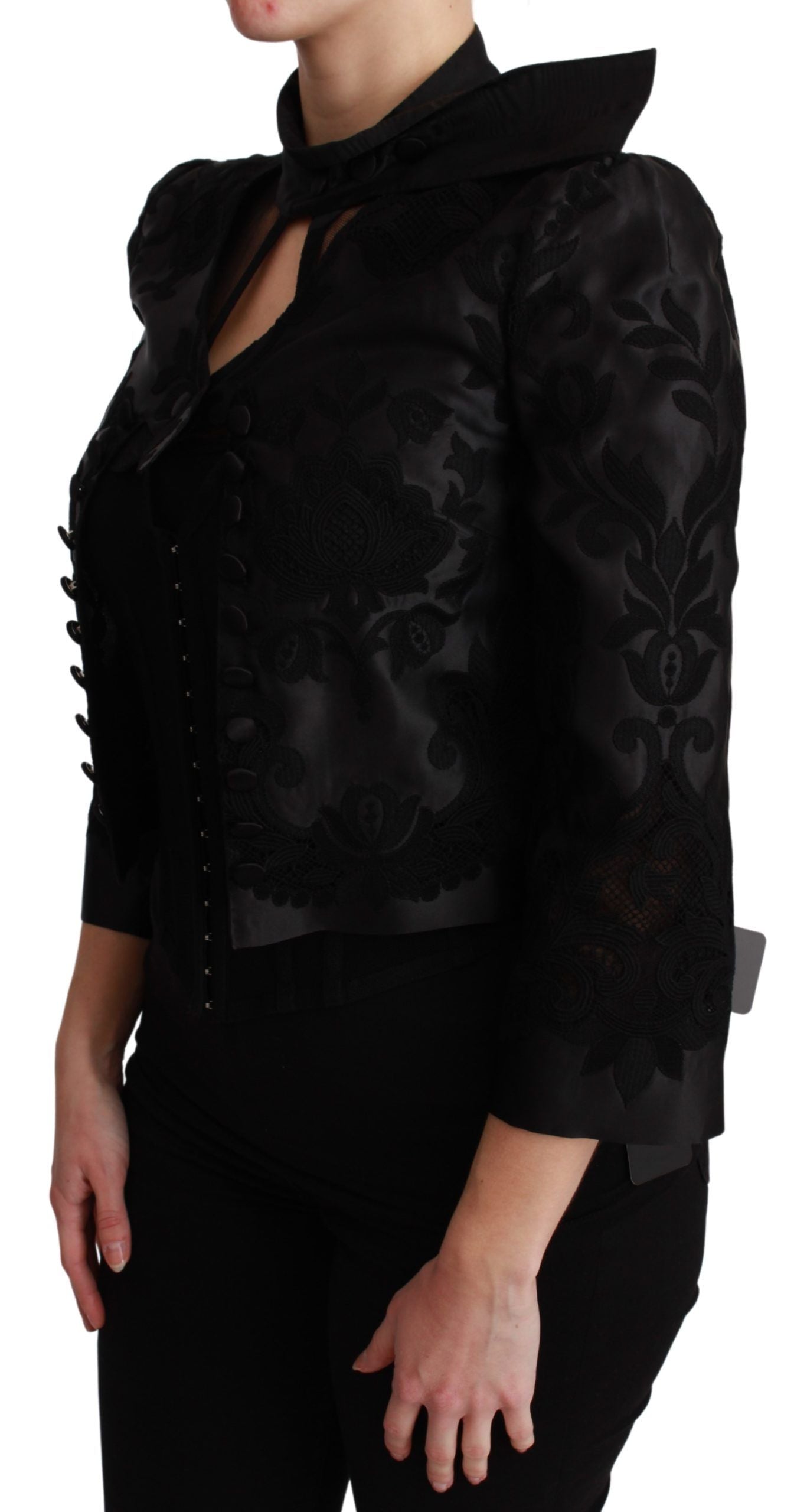 Schwarzer Jacquard-Blazer aus Seide mit Blumenmuster