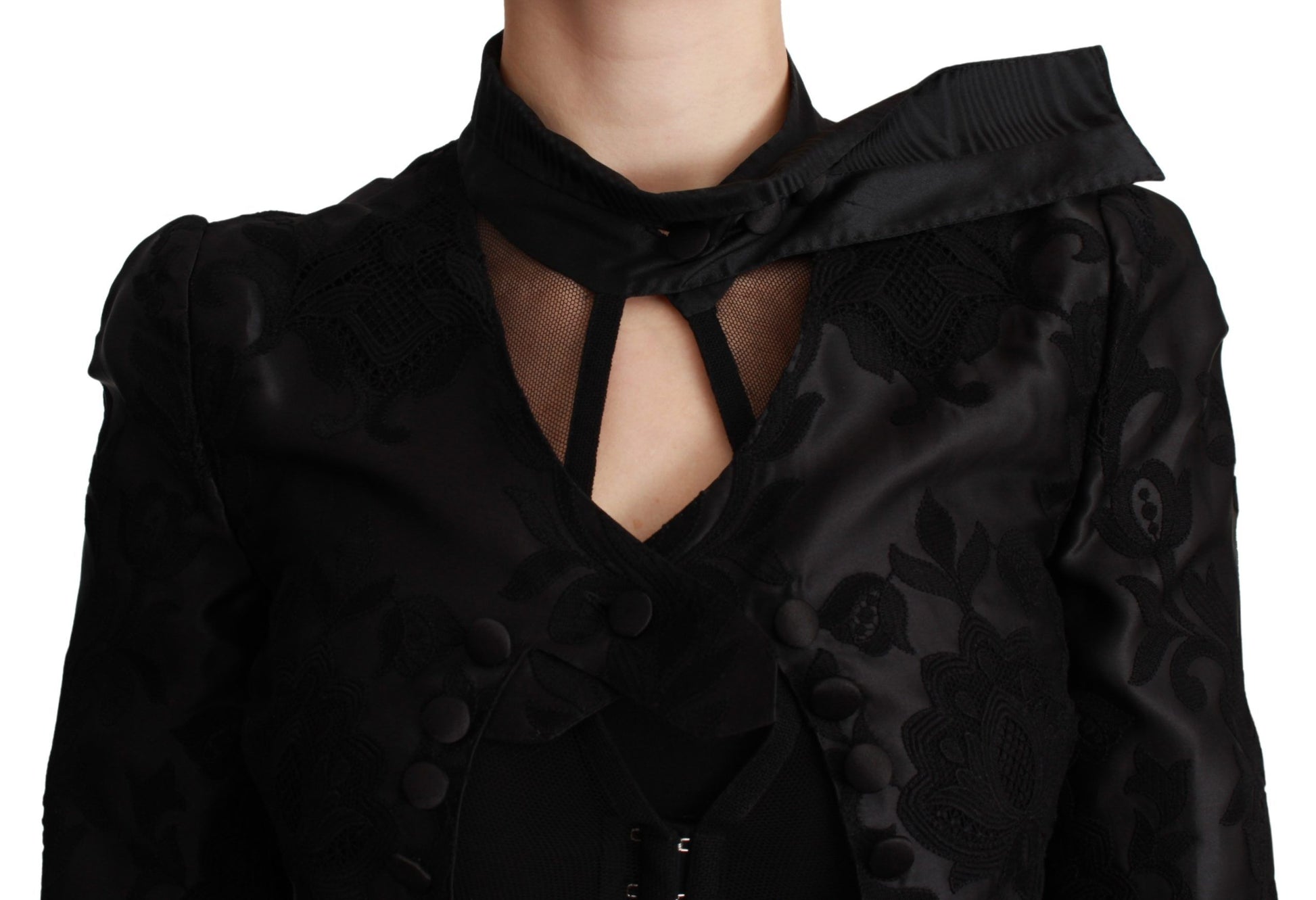 Schwarzer Jacquard-Blazer aus Seide mit Blumenmuster