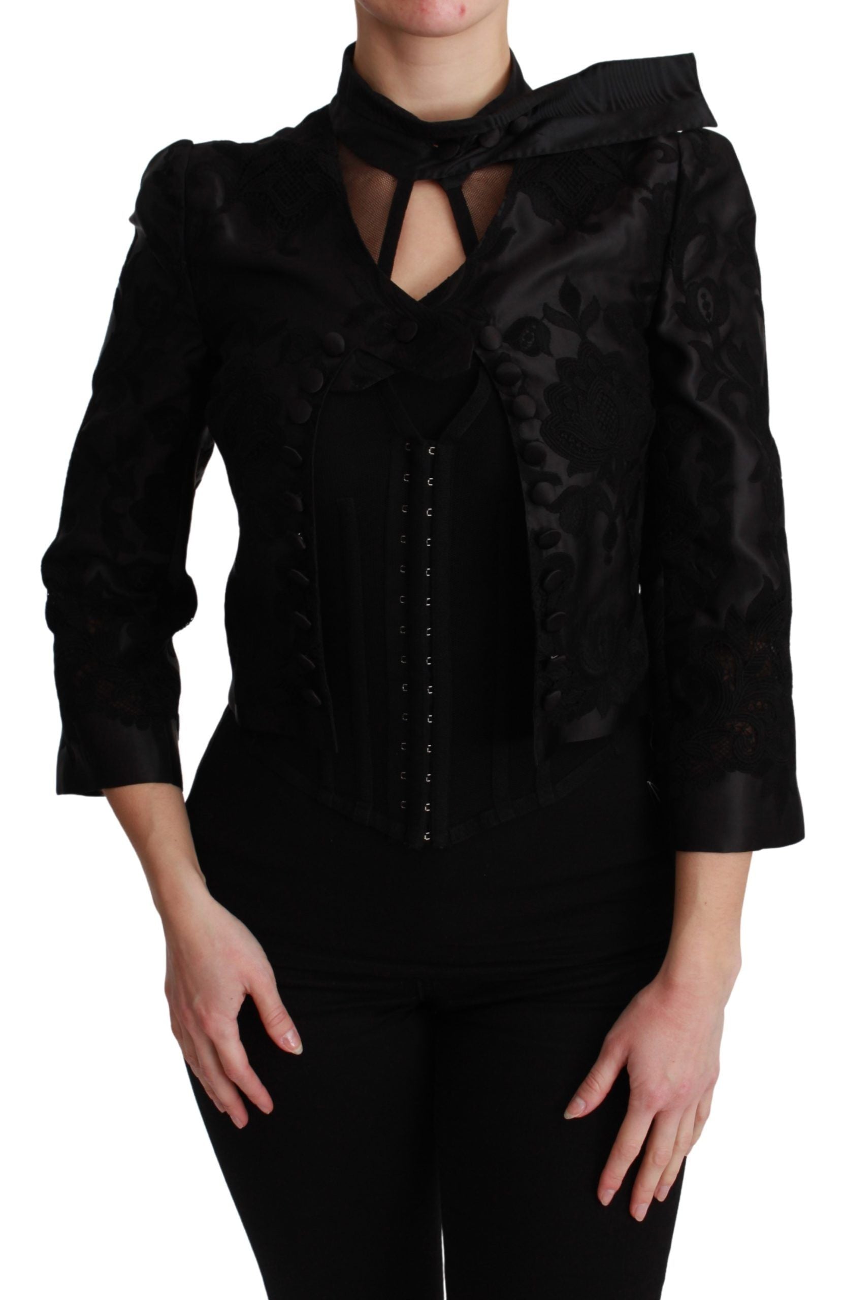 Schwarzer Jacquard-Blazer aus Seide mit Blumenmuster