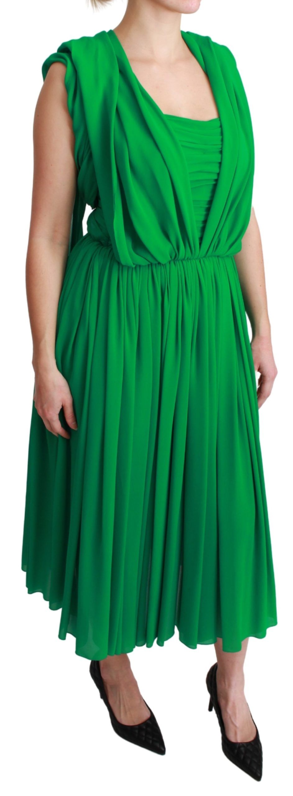 Grünes ärmelloses, plissiertes Maxikleid aus 100 % Seide