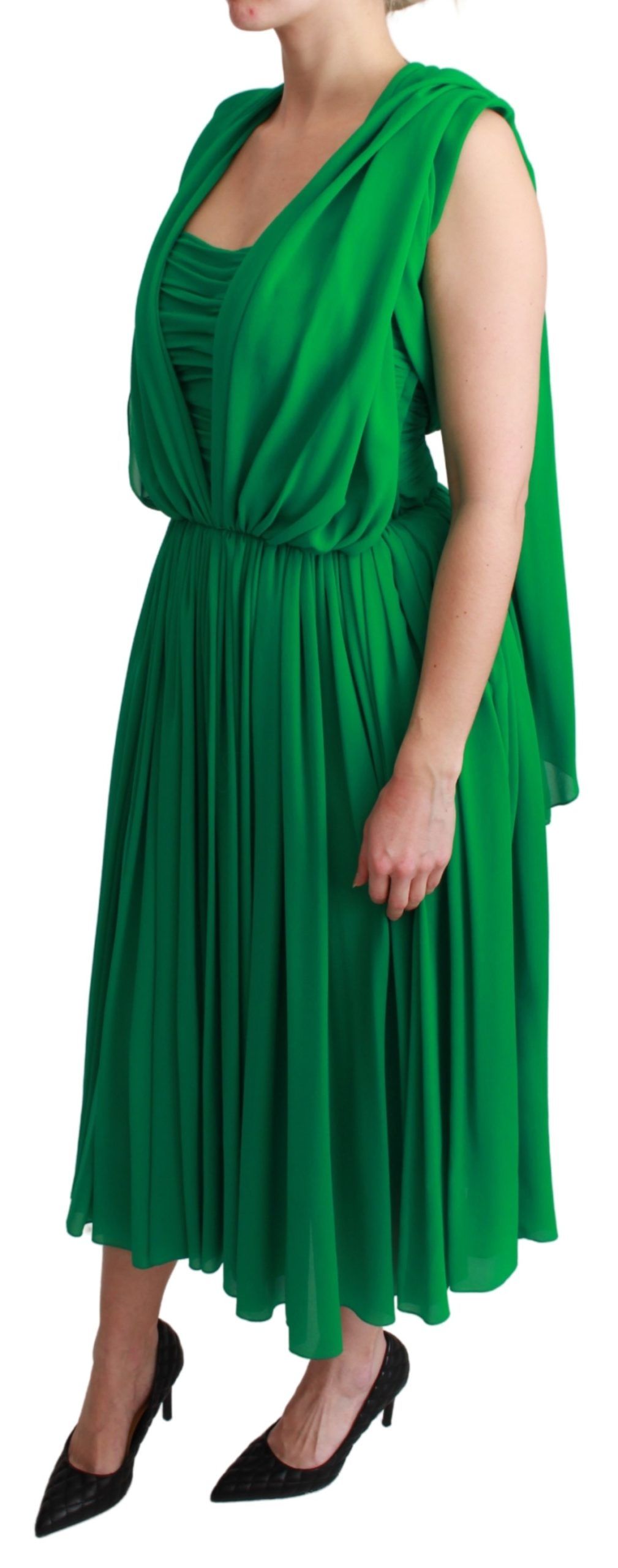 Grünes ärmelloses, plissiertes Maxikleid aus 100 % Seide