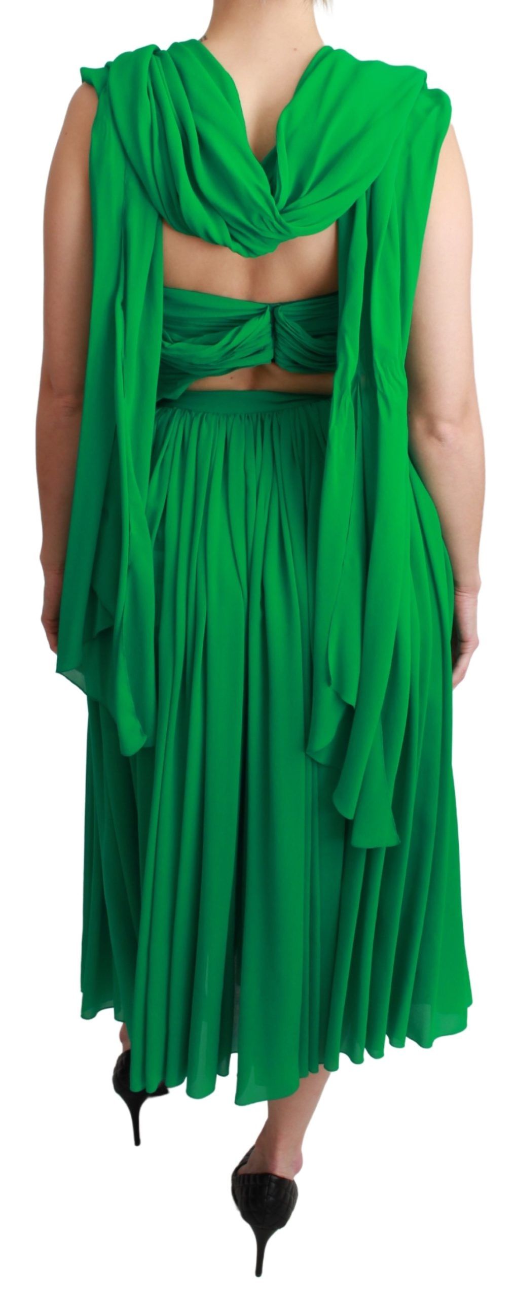 Grünes ärmelloses, plissiertes Maxikleid aus 100 % Seide