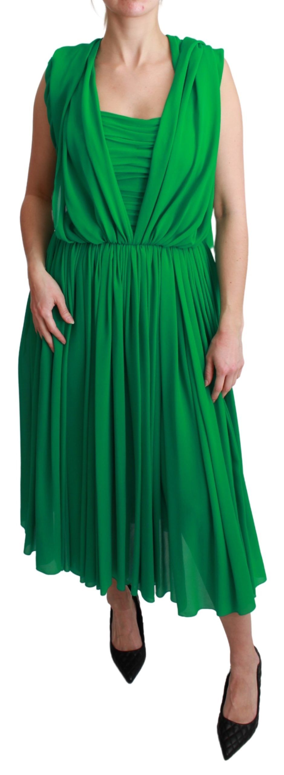 Grünes ärmelloses, plissiertes Maxikleid aus 100 % Seide