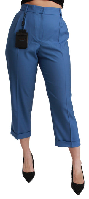 Blaue, plissierte, verkürzte Wollhose mit Bündchen