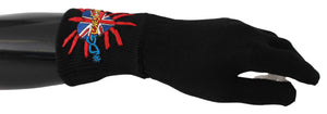 Schwarze #DGLovesLondon bestickte Wollhandschuhe