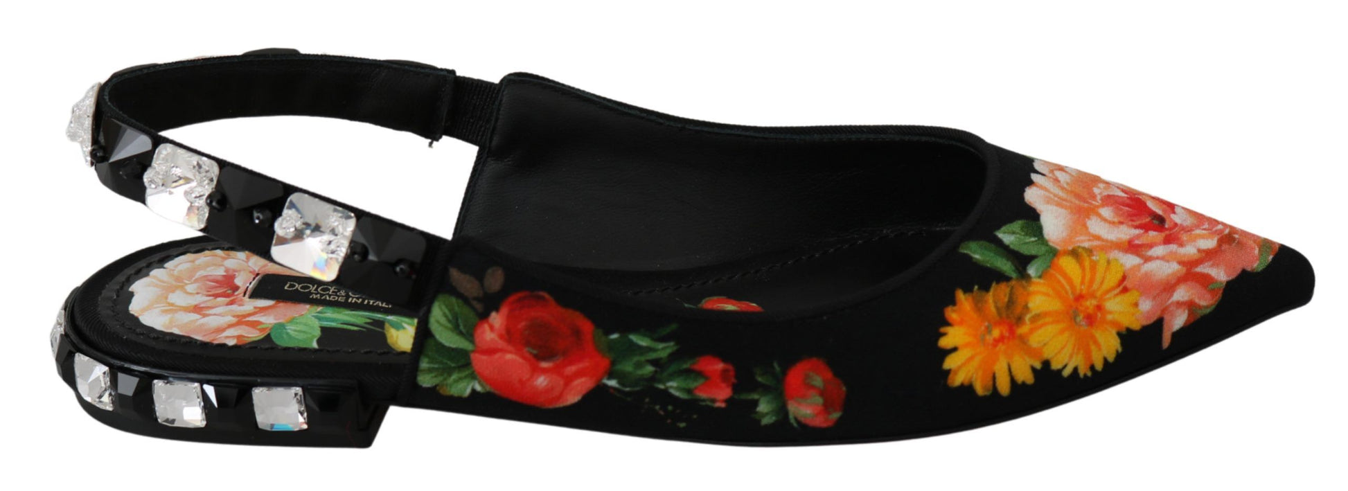Schwarze Slingbacks mit Blumenmuster und Kristallen