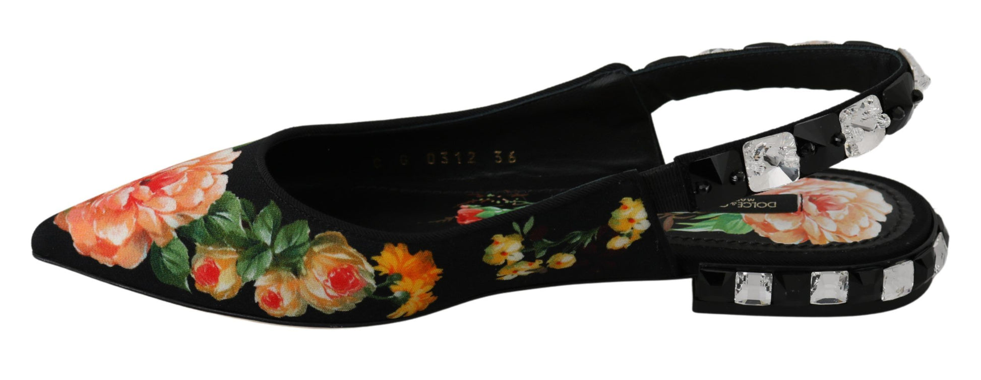 Schwarze Slingbacks mit Blumenmuster und Kristallen
