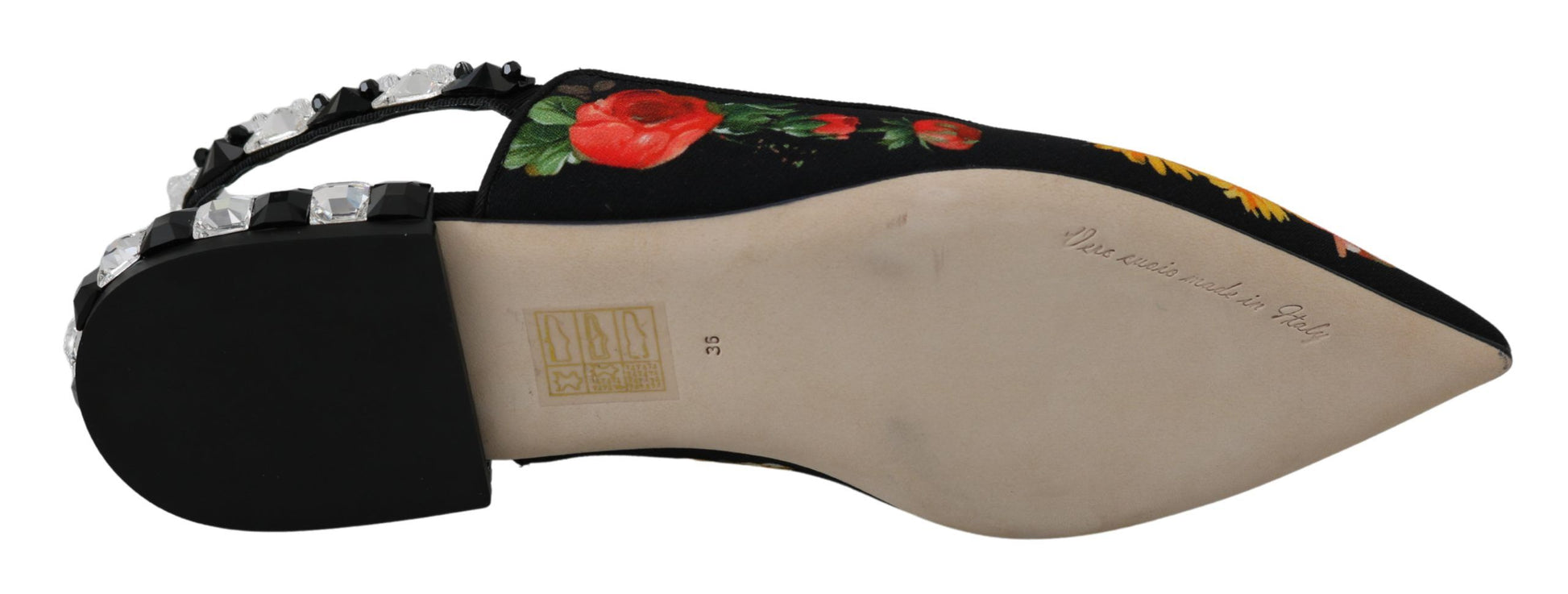Schwarze Slingbacks mit Blumenmuster und Kristallen