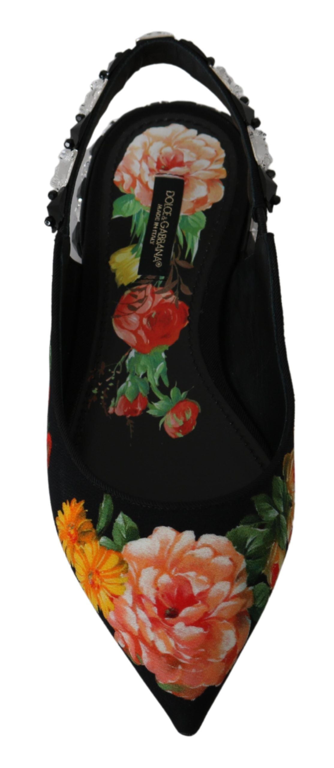 Schwarze Slingbacks mit Blumenmuster und Kristallen