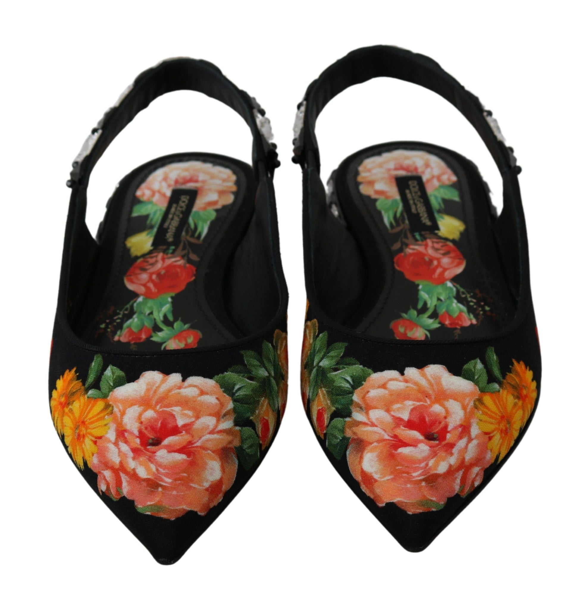 Schwarze Slingbacks mit Blumenmuster und Kristallen