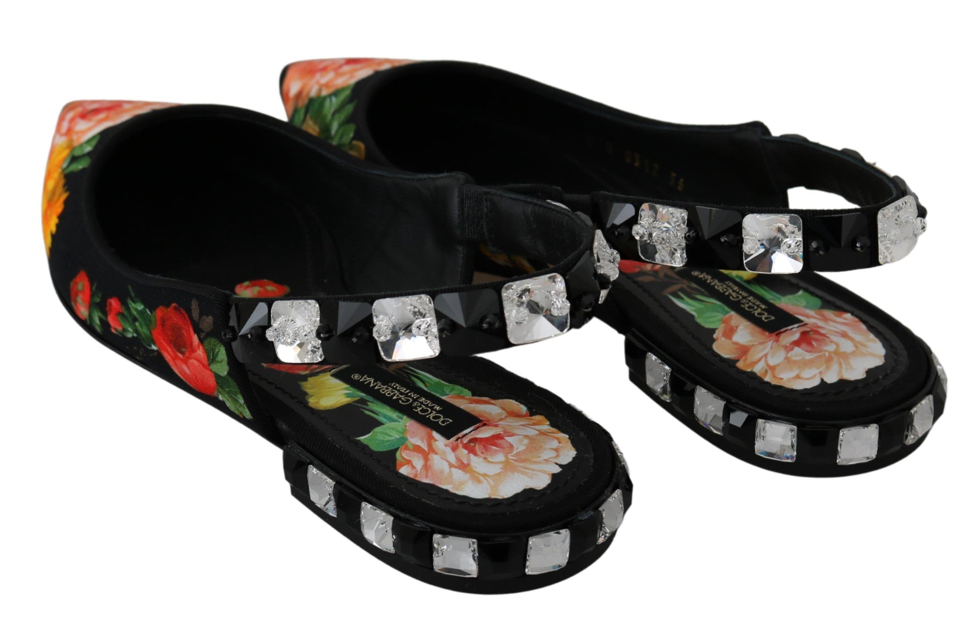 Schwarze Slingbacks mit Blumenmuster und Kristallen
