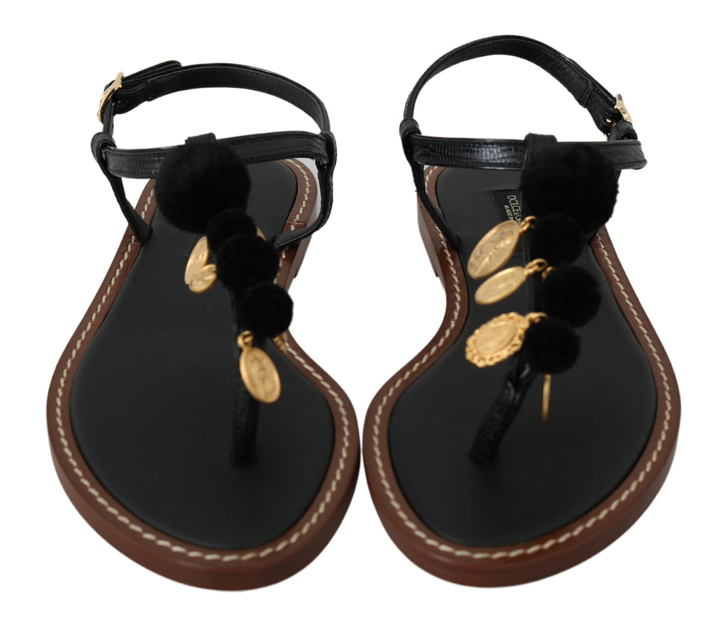 Schwarze Ledermünzen Flip-Flops Sandalen Schuhe