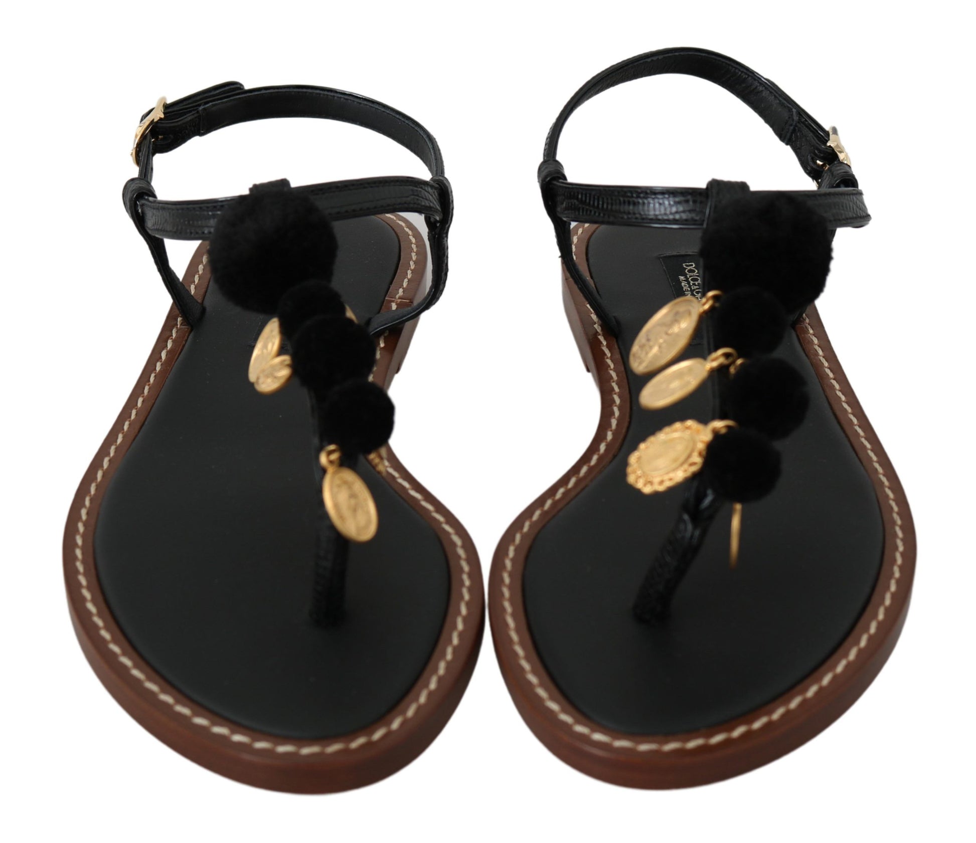 Schwarze Ledermünzen Flip-Flops Sandalen Schuhe