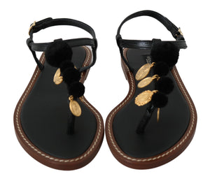 Schwarze Ledermünzen Flip-Flops Sandalen Schuhe