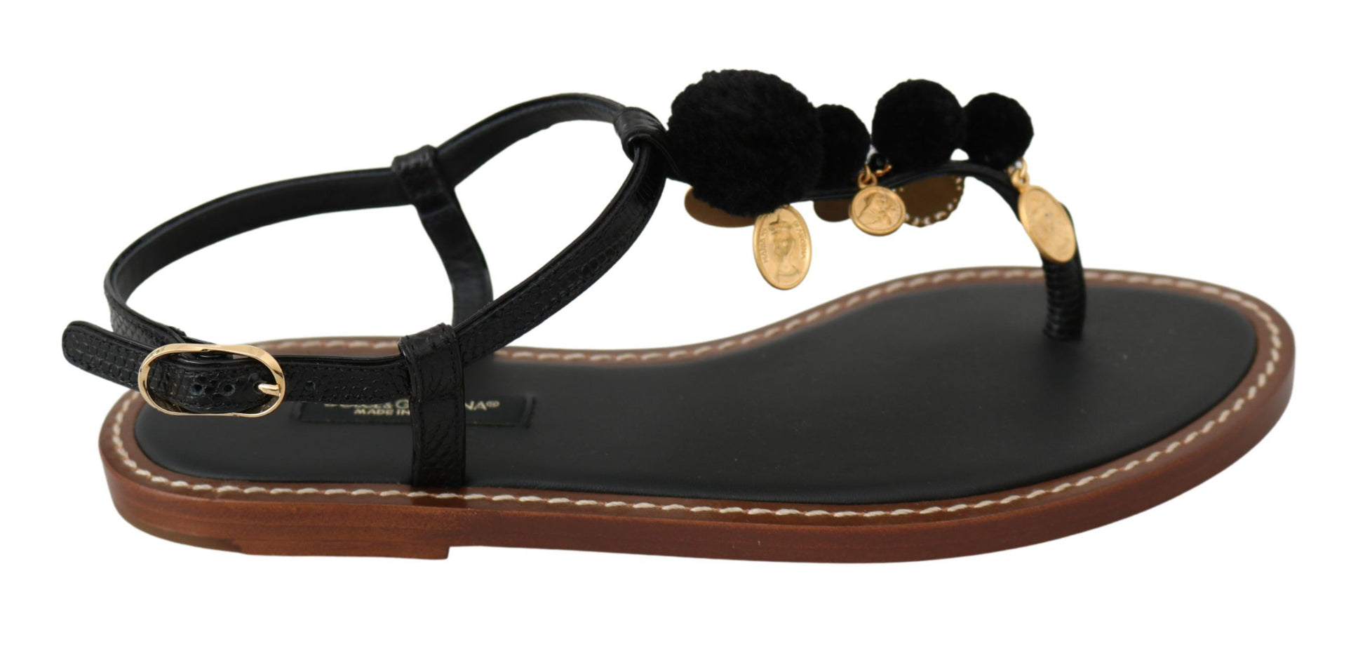Schwarze Ledermünzen Flip-Flops Sandalen Schuhe