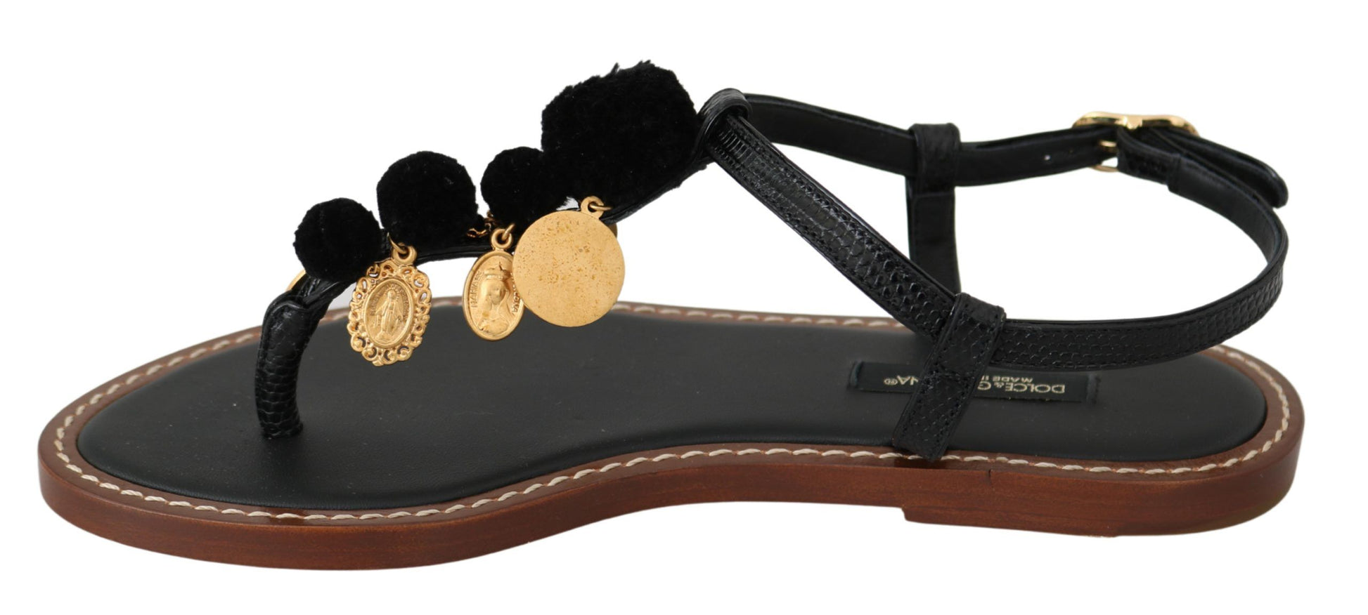 Schwarze Ledermünzen Flip-Flops Sandalen Schuhe