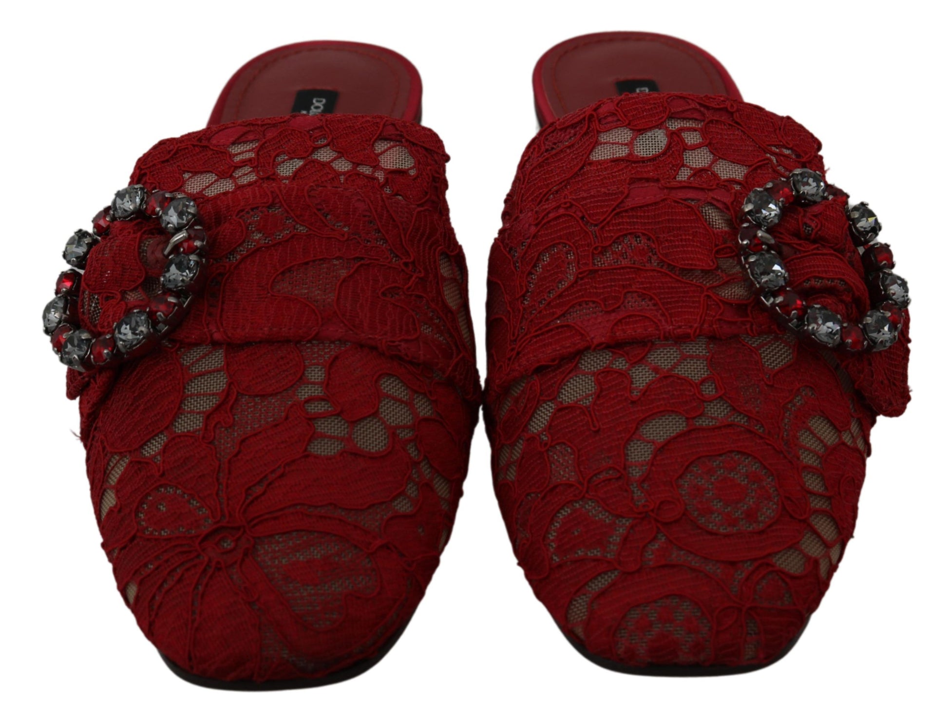 Rote flache Schuhe mit Kristallen und Spitze