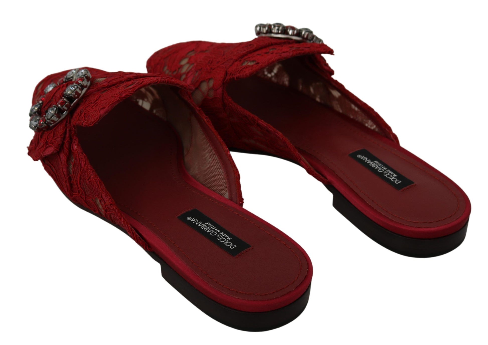 Rote flache Schuhe mit Kristallen und Spitze