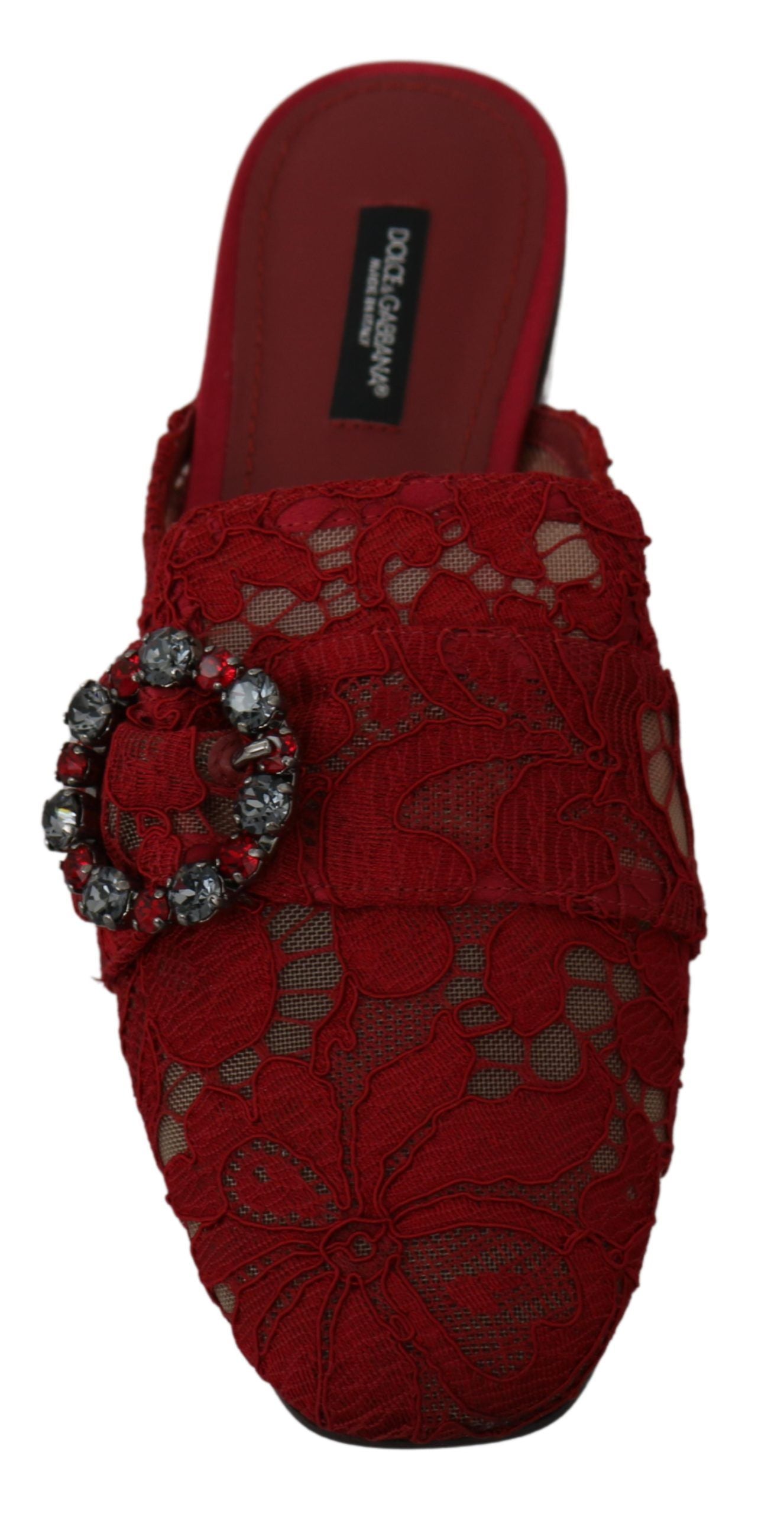 Rote flache Schuhe mit Kristallen und Spitze