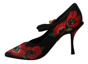 Schwarze rote Mary Janes Pumps mit Blumenmuster