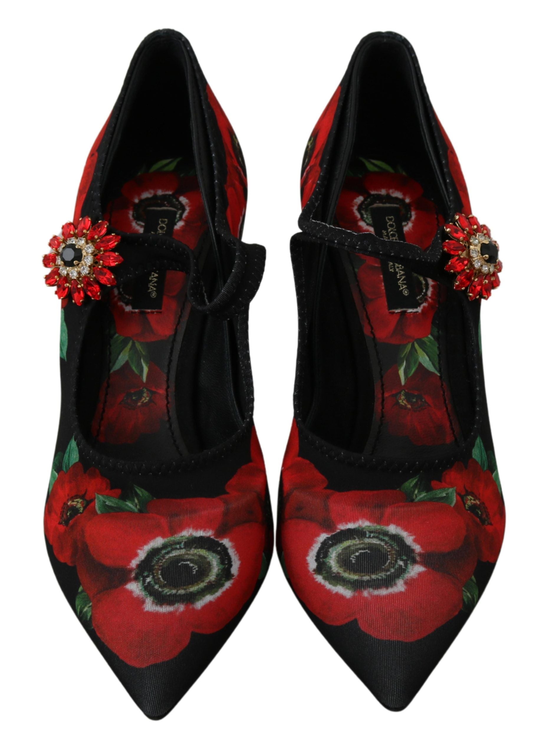 Schwarze rote Mary Janes Pumps mit Blumenmuster