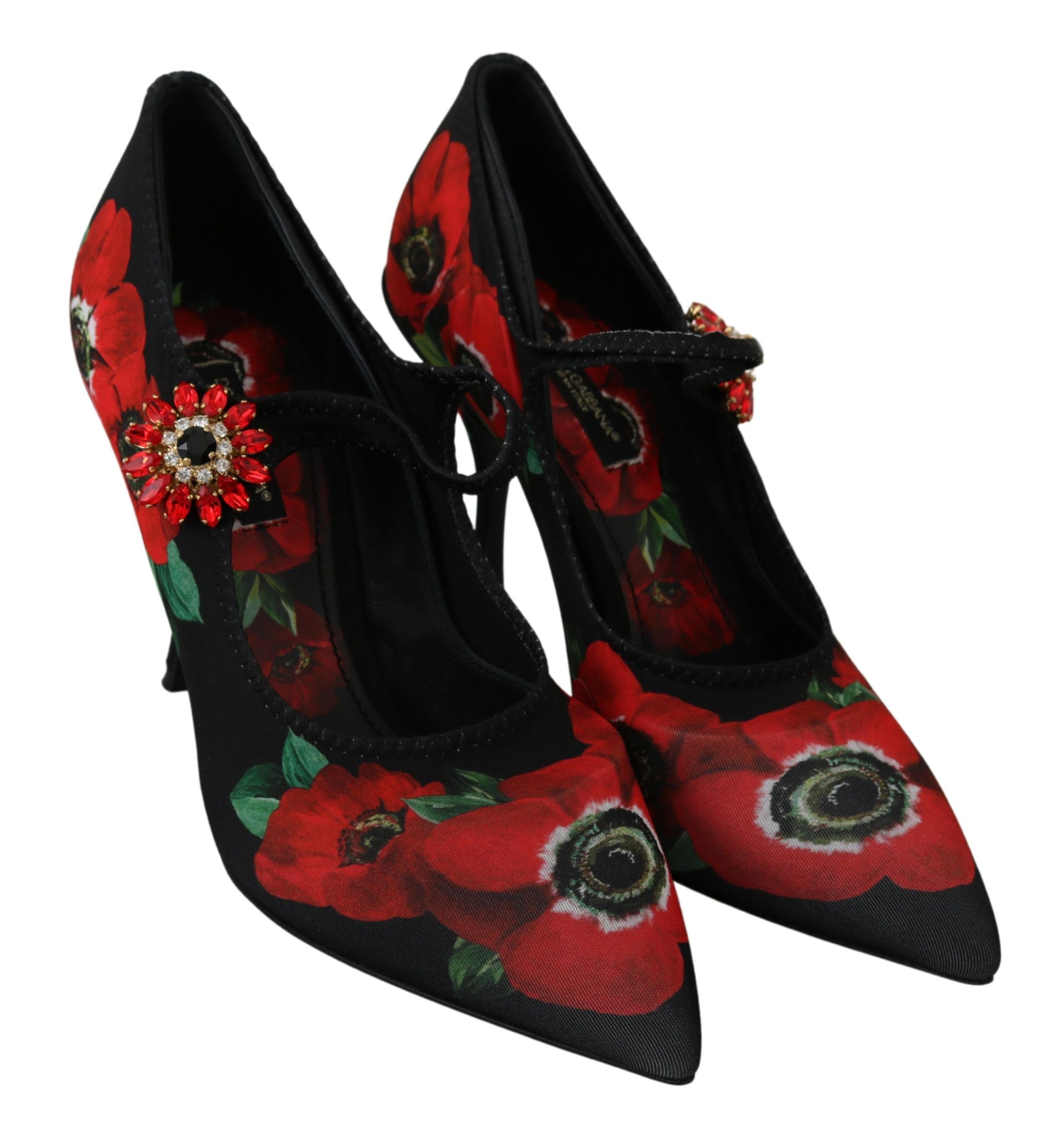 Schwarze rote Mary Janes Pumps mit Blumenmuster