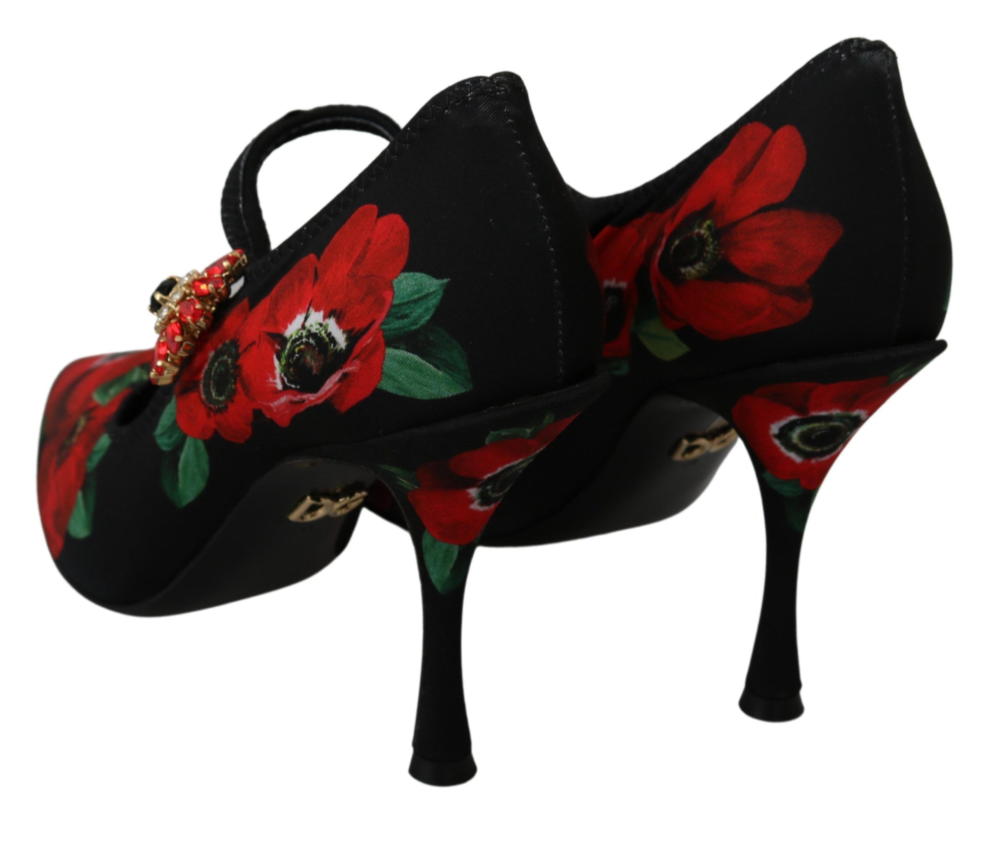 Schwarze rote Mary Janes Pumps mit Blumenmuster