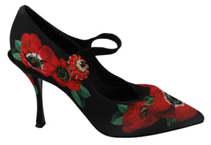 Schwarze rote Mary Janes Pumps mit Blumenmuster