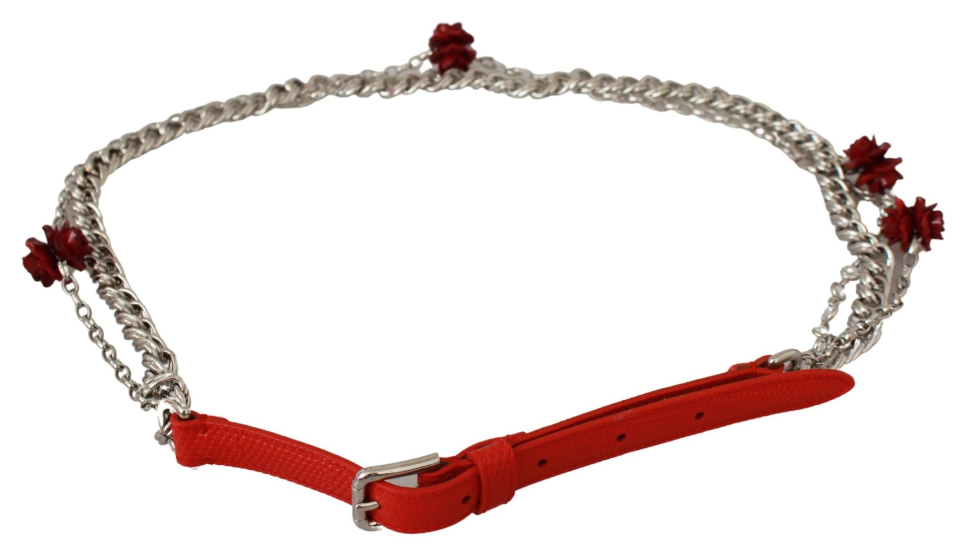 Roter Ledergürtel mit Rosen und Blumenmuster, silberfarben