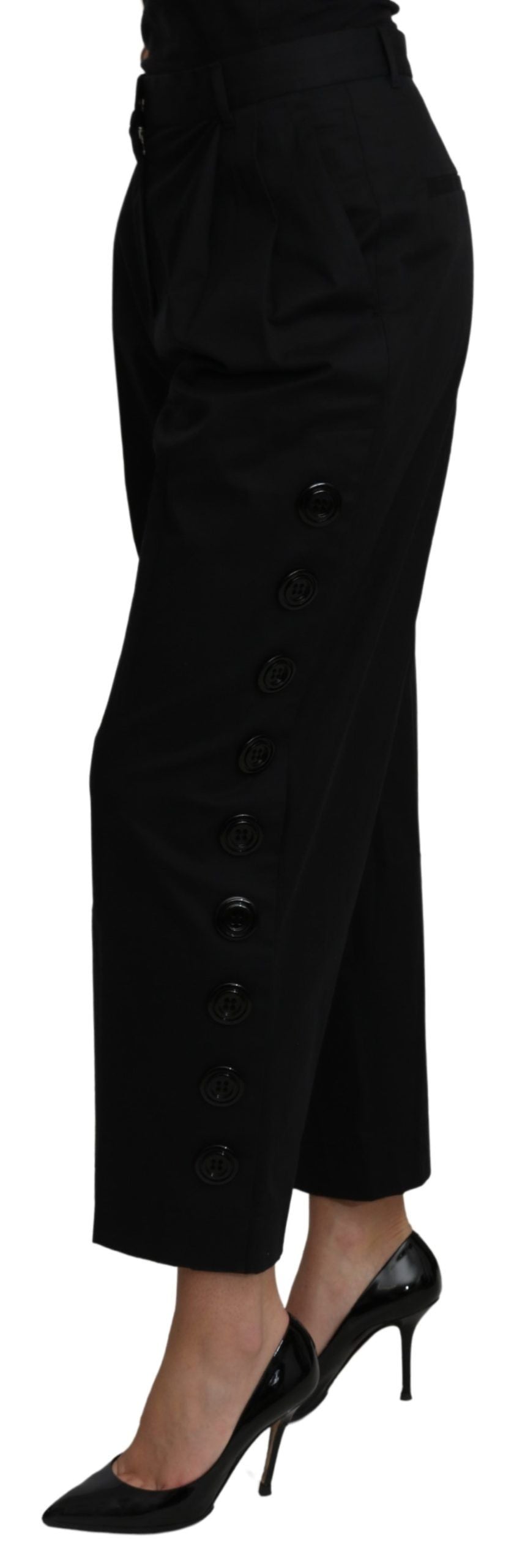 Schwarze, verkürzte Stretchhose aus Baumwolle mit hoher Taille