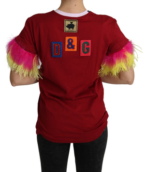 Rotes T-Shirt mit Federärmeln und Schweine-Print