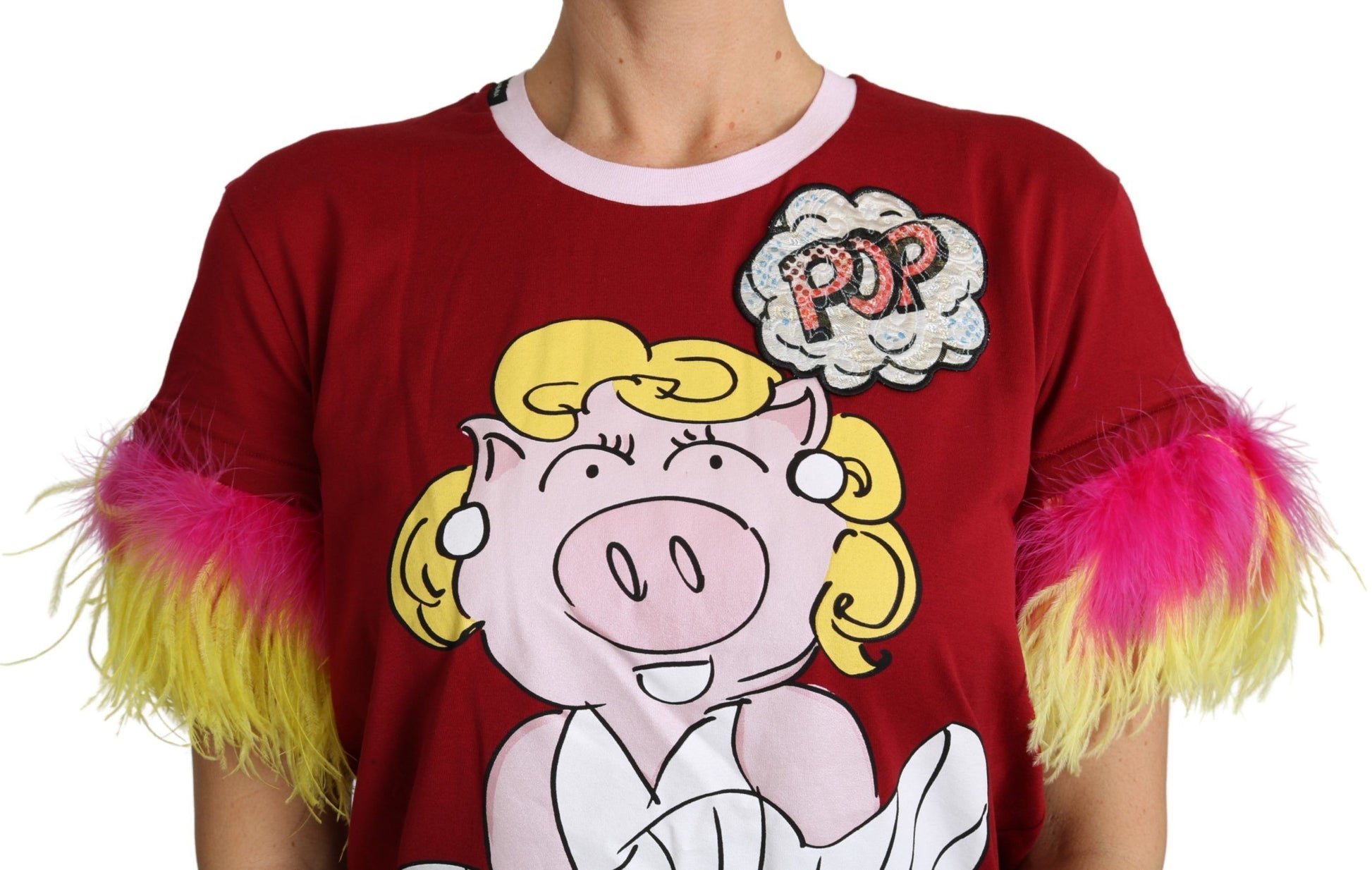 Rotes T-Shirt mit Federärmeln und Schweine-Print