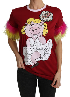 Rotes T-Shirt mit Federärmeln und Schweine-Print