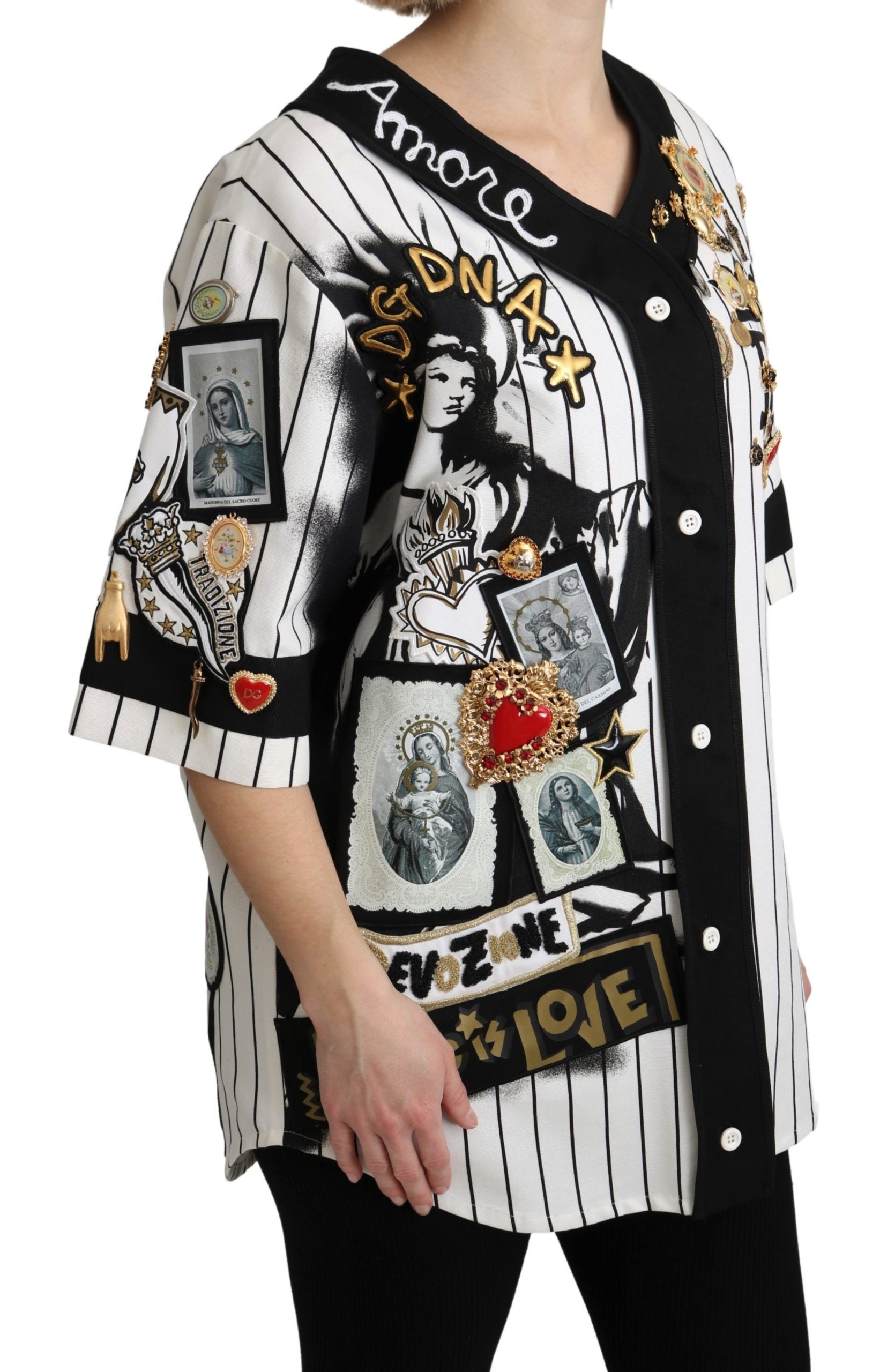 Weiße und schwarze Bluse aus Baumwolle mit Kristallanhängern, Amore-Shirt
