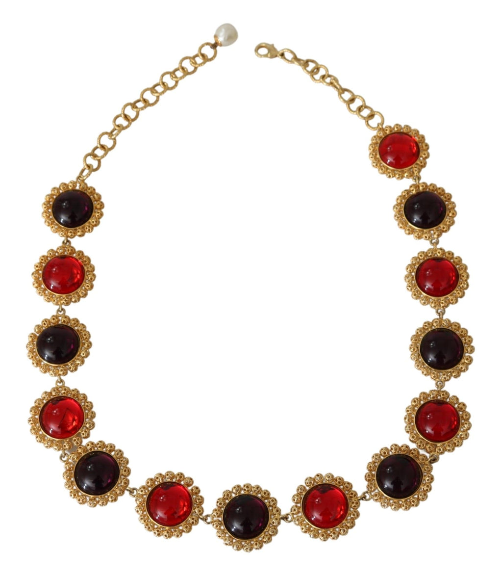 Rot-lila Kristall Blumenkette Statement Gold Messing Halskette