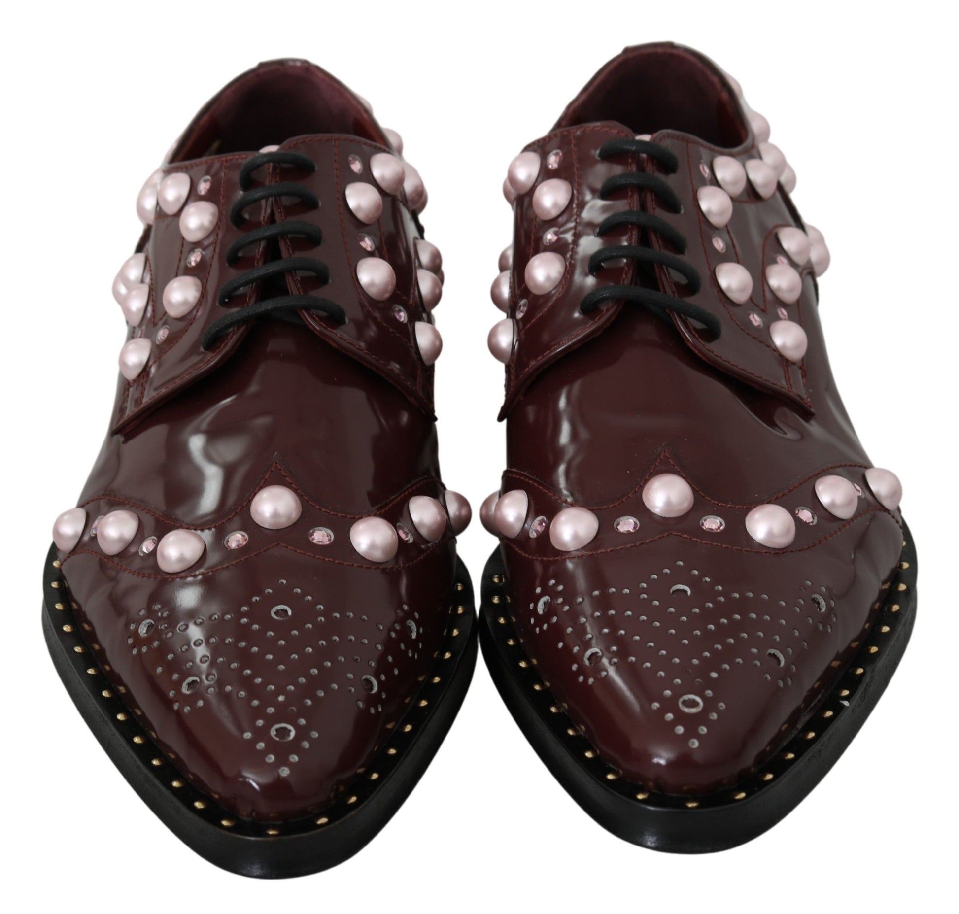 Bordeauxrote Lederschuhe mit Kristallperlen