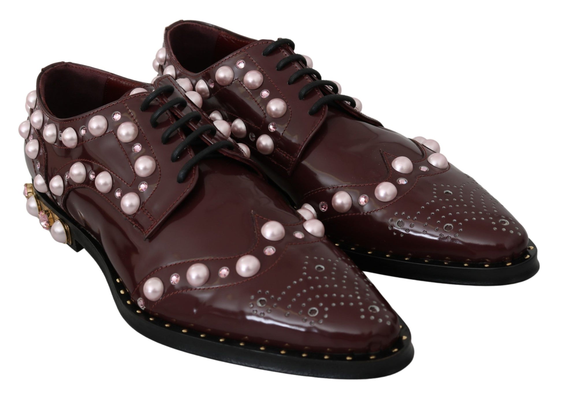 Bordeauxrote Lederschuhe mit Kristallperlen