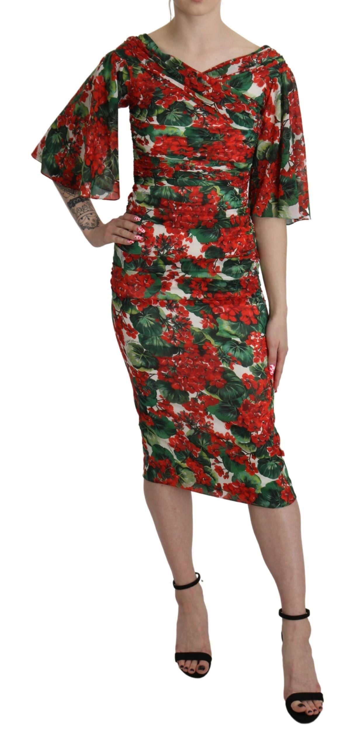 Rotes Etui-Midikleid aus Stretch-Seide mit Blumenmuster