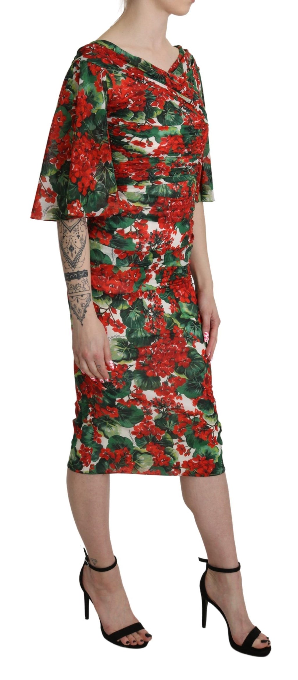 Rotes Etui-Midikleid aus Stretch-Seide mit Blumenmuster