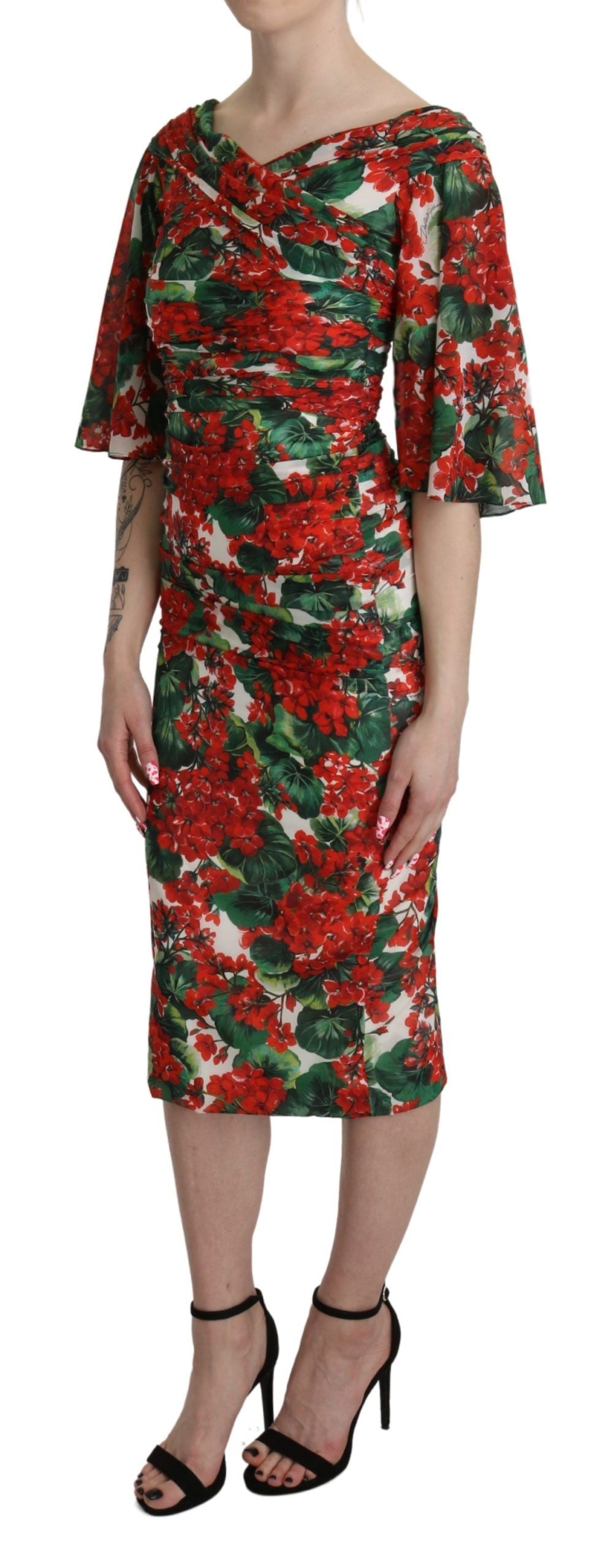 Rotes Etui-Midikleid aus Stretch-Seide mit Blumenmuster