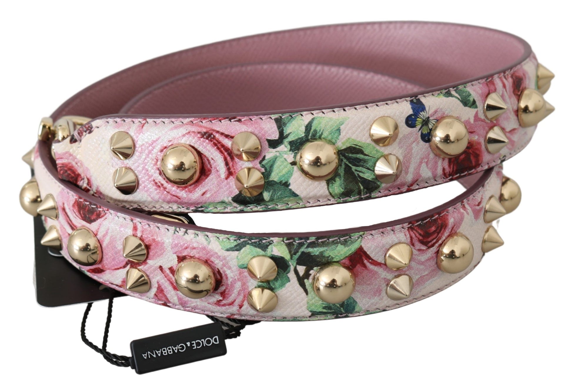 Rosa Schultergurt aus Leder mit Blumenmuster und Nieten