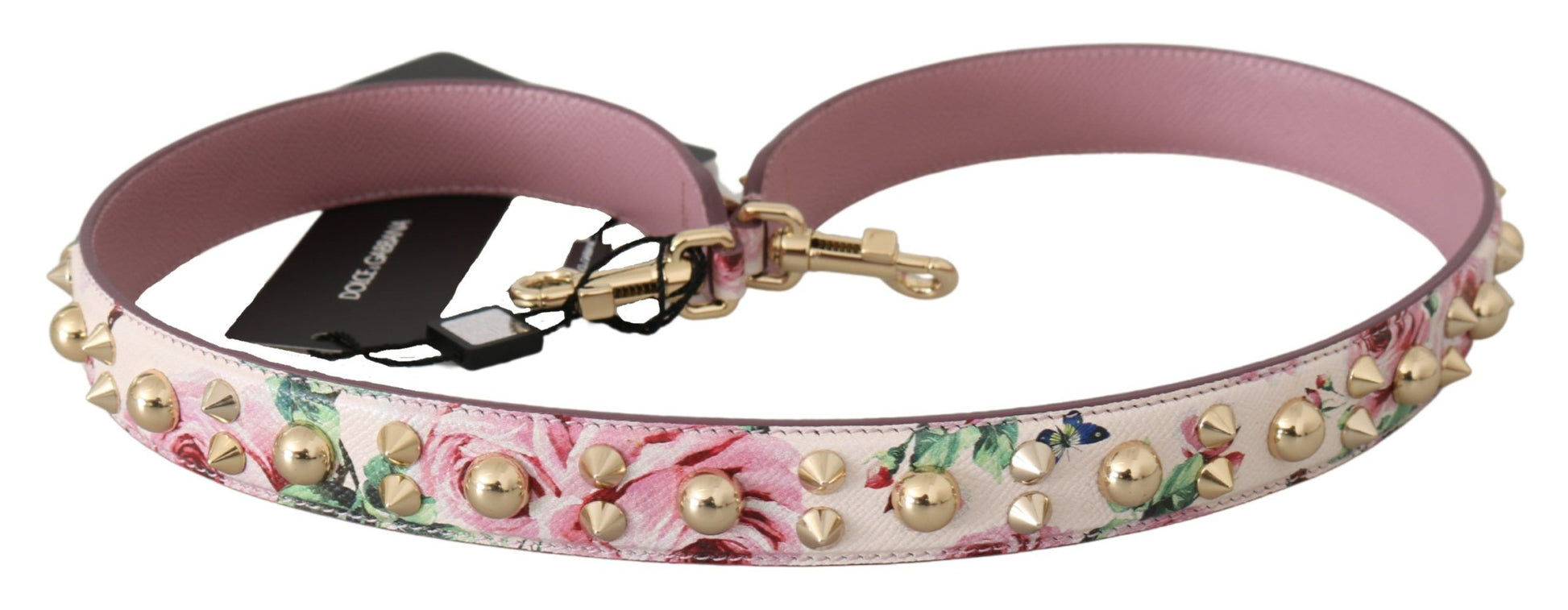 Rosa Schultergurt aus Leder mit Blumenmuster und Nieten