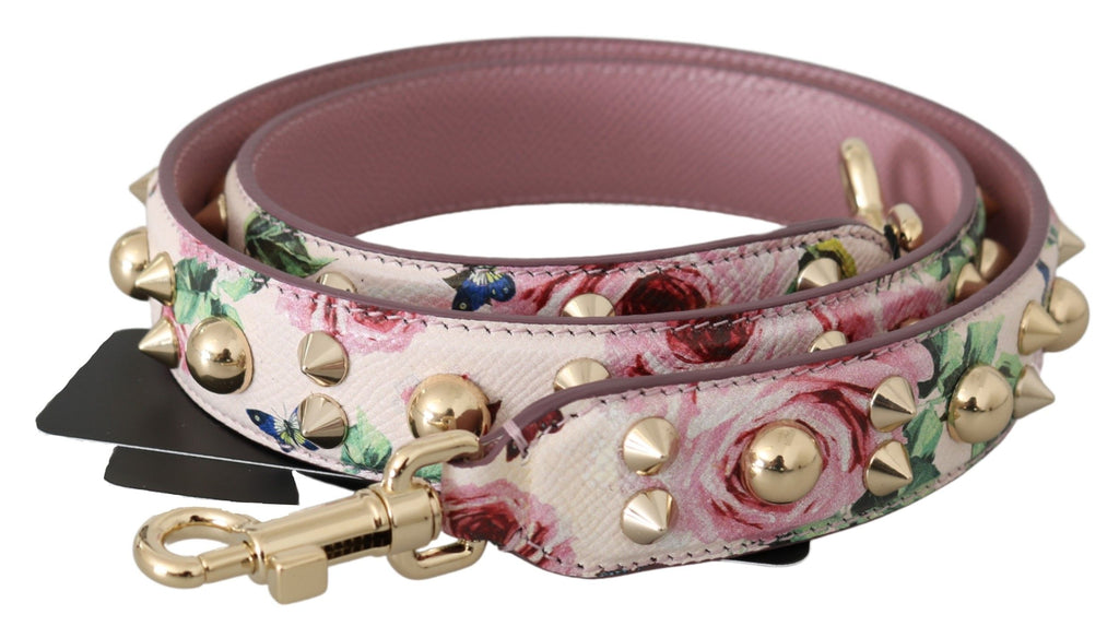 Rosa Schultergurt aus Leder mit Blumenmuster und Nieten