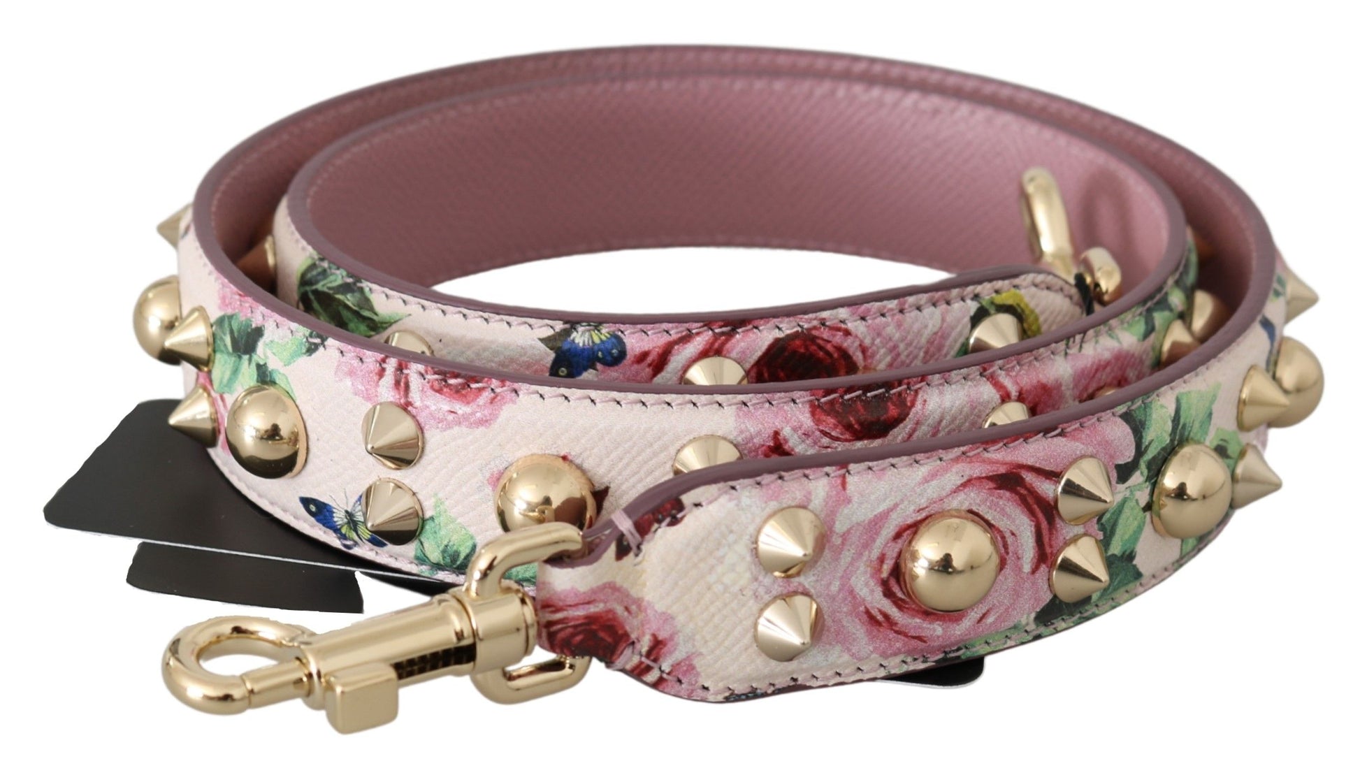Rosa Schultergurt aus Leder mit Blumenmuster und Nieten