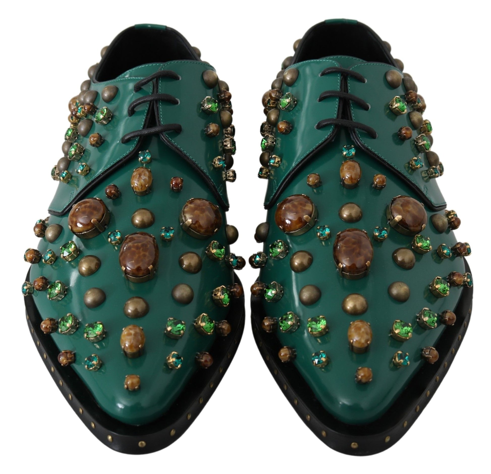 Grüne Broque-Schuhe aus Leder mit Kristallen