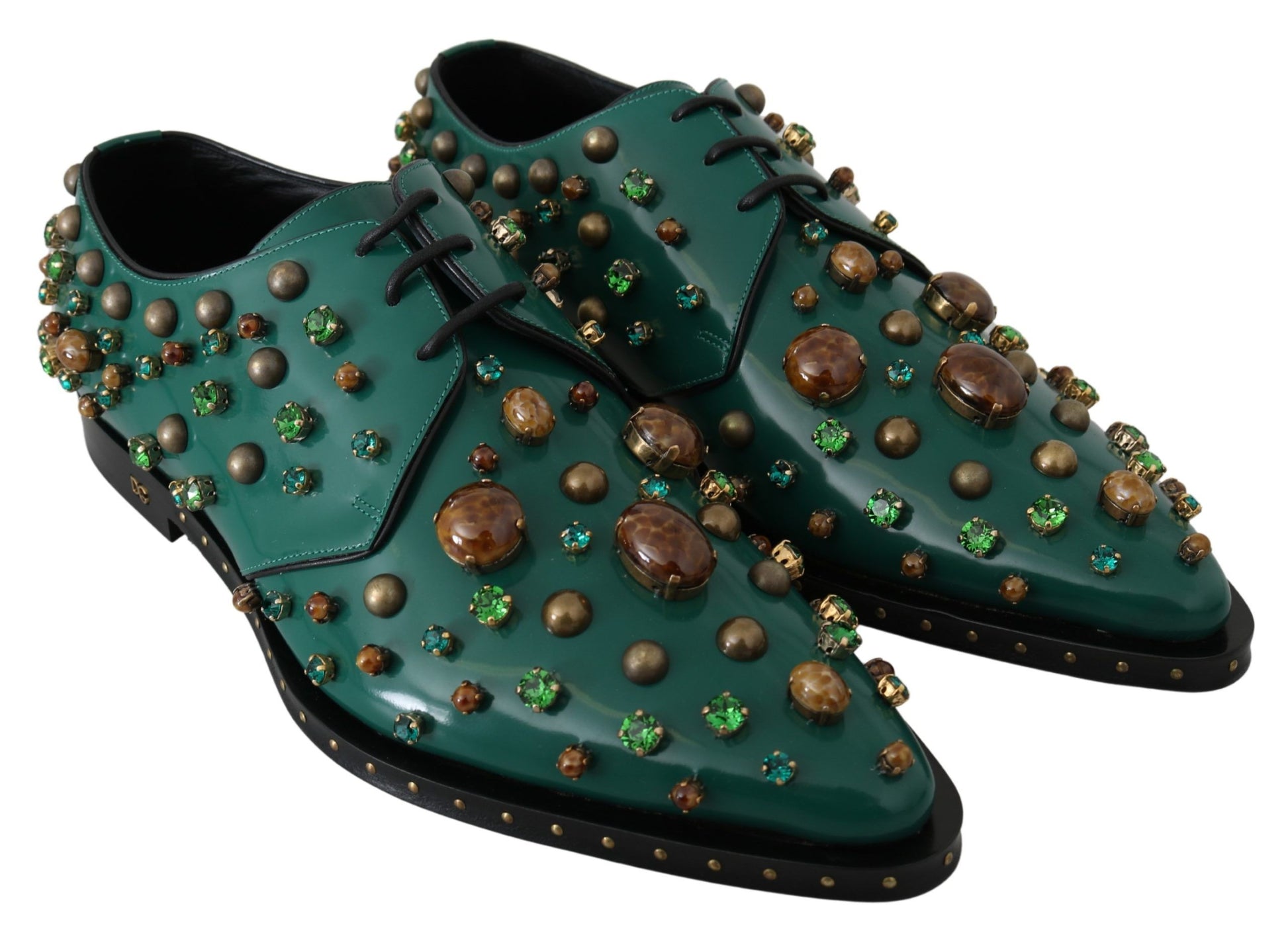 Grüne Broque-Schuhe aus Leder mit Kristallen