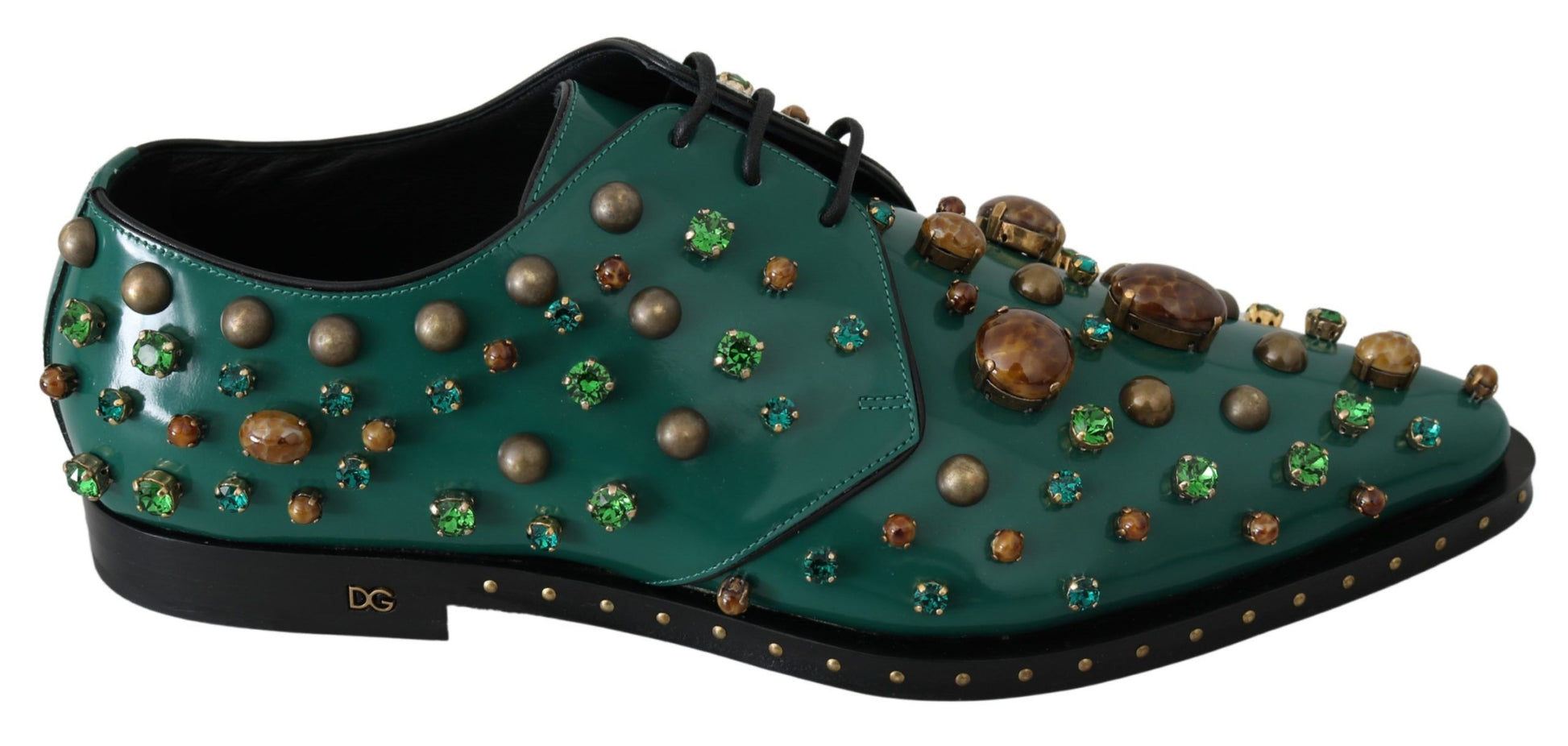 Grüne Broque-Schuhe aus Leder mit Kristallen