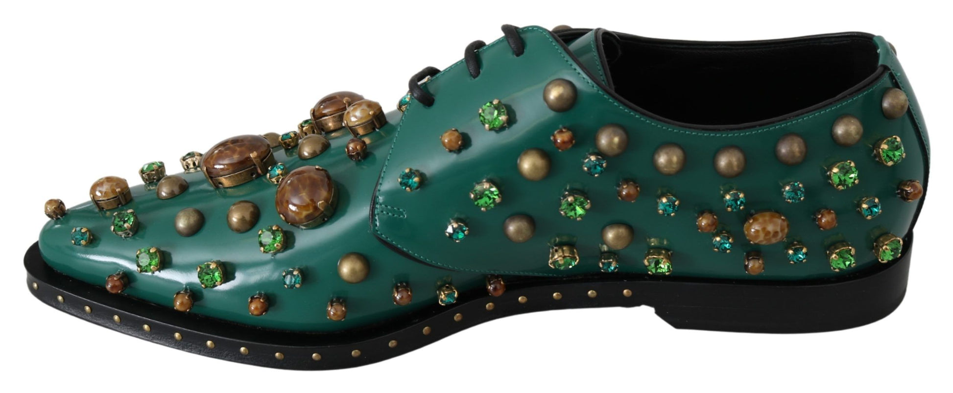 Grüne Broque-Schuhe aus Leder mit Kristallen