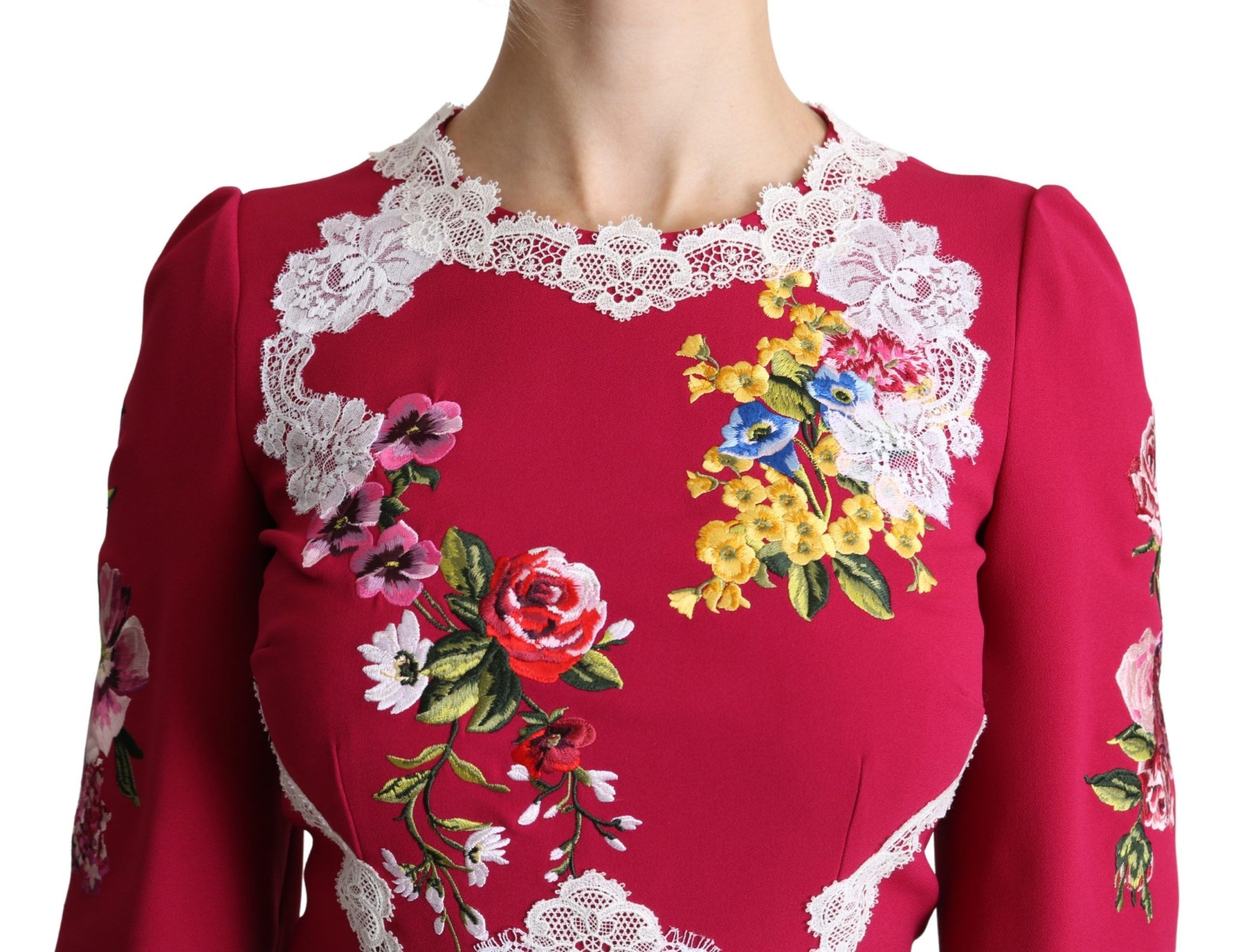 Rotes Midi-Etuikleid mit Blumenstickerei