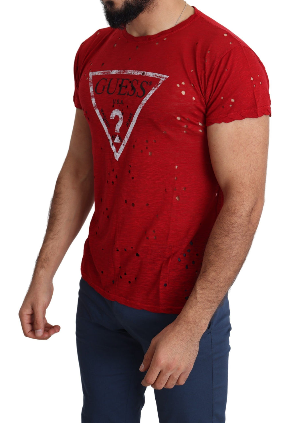 Guess Red Cotton Logo Print Men Casual Top Perforated T-shirt